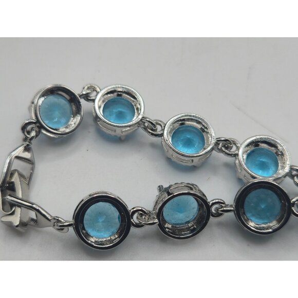 Sterling Silver Bracelet Aquamarine Blue Topaz 925 Round Cut Tennis Style - Picture 7 of 7